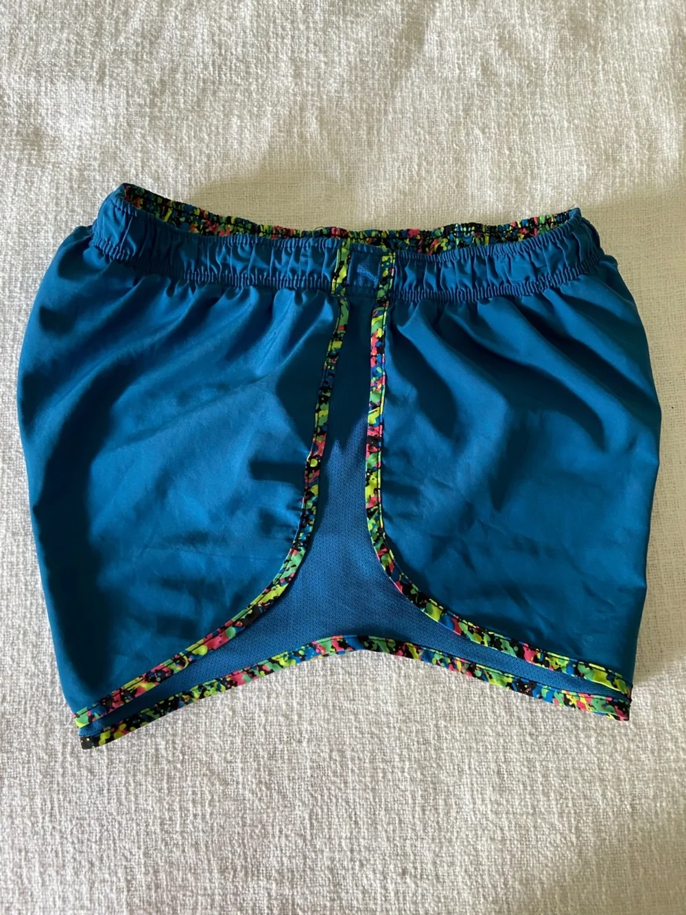 Nike Teal Blue Running Shorts with Multicolor Neon Party Trim Women’s Large
